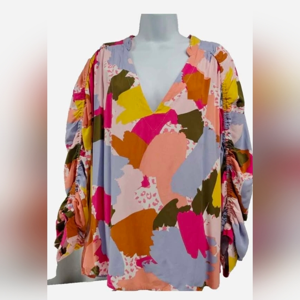 Eloquii Elements Womens Rayon Popover Top Ruched Sleeves Abstract Artsy Size 20